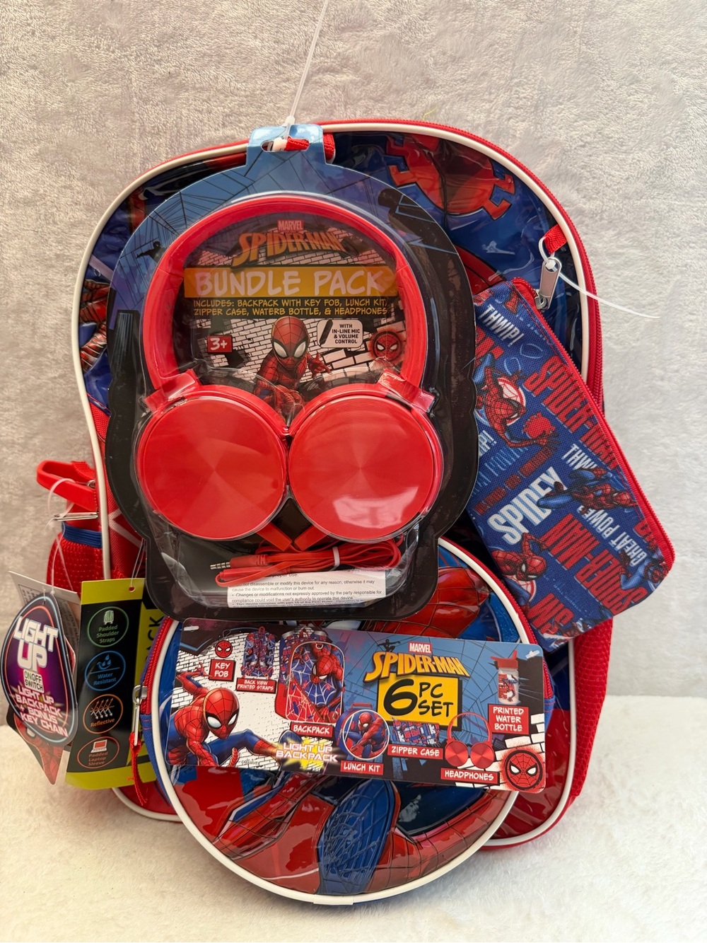 Marvel Spider-Man 6 Piece Light Up Backpack Set Lunch Kit Headphones Kids